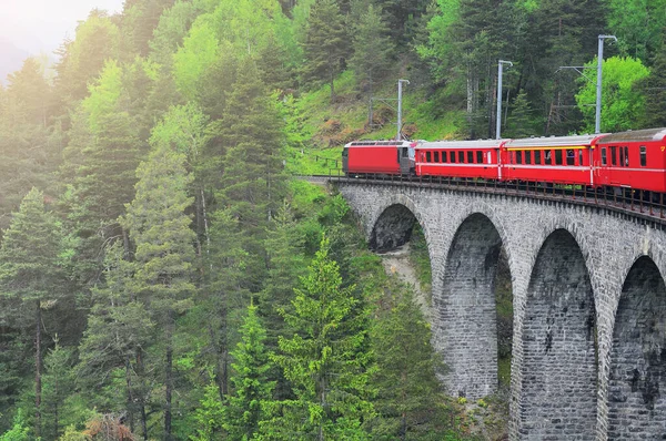 Passenger Train Goes Chur Moritz Sunset Swiss Alps — Stock Photo, Image