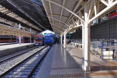 Santiago, Şili - 20 Şubat 2013: Yolcu trenleri merkez tren istasyonu platformlarının yanında durmaktadır..