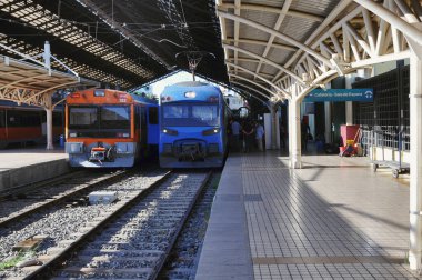 Santiago, Şili - 20 Şubat 2013: Yolcu trenleri merkez tren istasyonu platformlarının yanında durmaktadır..
