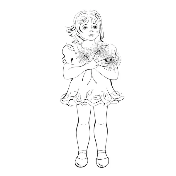 little girl in a short dress stands with a bouquet of dandelions
