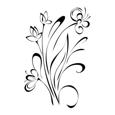 Beyaz arka planda siyah çizgileri olan stilize çiçek buketi.