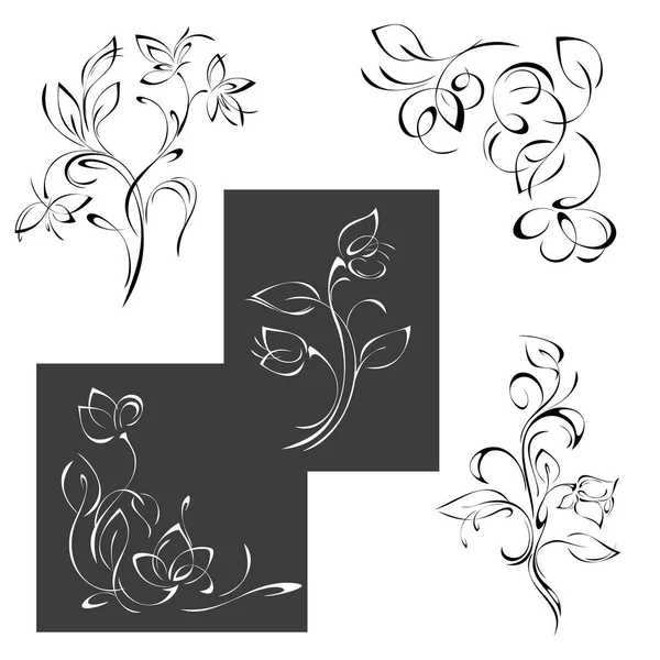 Stylized Flowers Stems Leaves Graphic Decor Set — Stock Vector