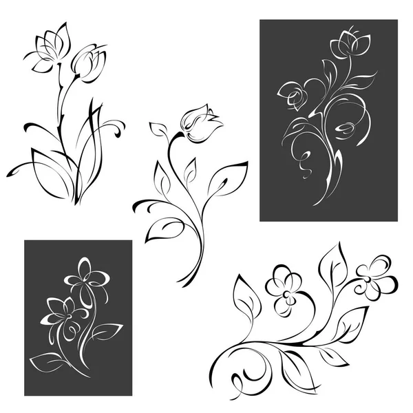 Stylized Flowers Stems Leaves Graphic Decor Set — Stock Vector