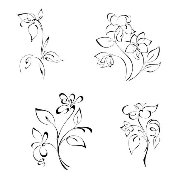 Stylized Flowers Stems Leaves Black Lines White Background Set — Stock Vector