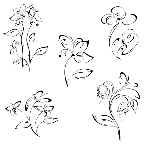 Stylized Flowers Stems Leaves Black Lines White Background Set — Stock Vector