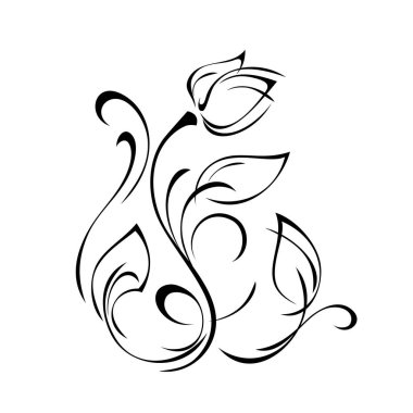 Yaprakları ve bukleleri olan kavisli bir sapta stilize çiçek tomurcuğu. grafik dekor