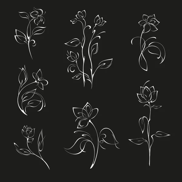 Stilizált Virágok Száron Levelekkel Grafikus Dekoráció Készlet — Stock Vector