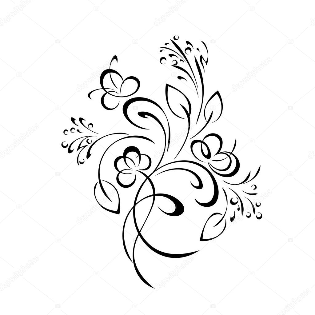 stylized curved twig with flowers, leaves and curls. graphic decor