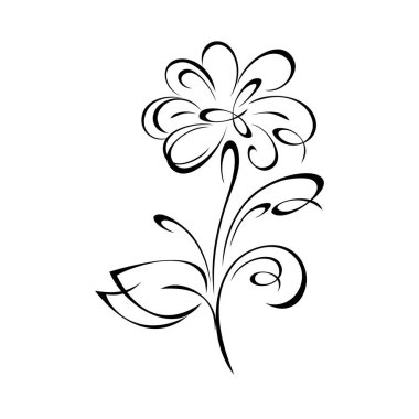 Yaprakları ve kıvrımları beyaz arkaplanda siyah çizgiler olan bir sap üzerinde büyük taç yaprakları olan dekoratif bir çiçek.