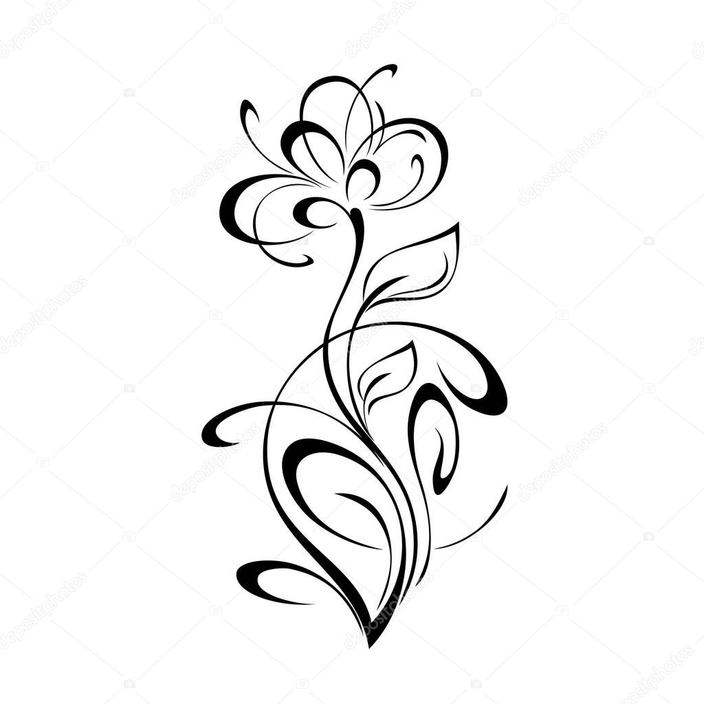stylized blooming flower on a curved stem with leaves and curls. graphic decor