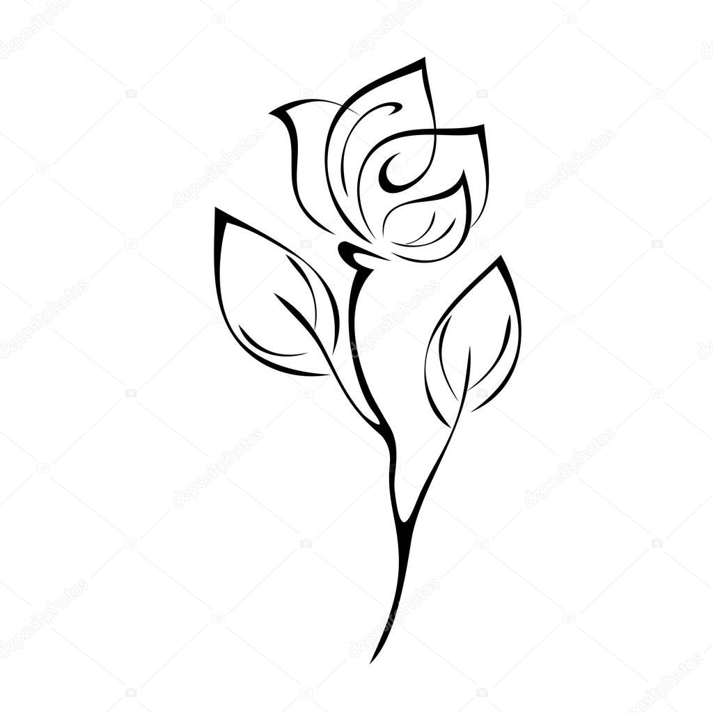 stylized flower bud on a stem with two leaves in black lines on a white background
