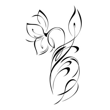 Yapraklı stilize çiçek ve beyaz arkaplanda siyah çizgiler.