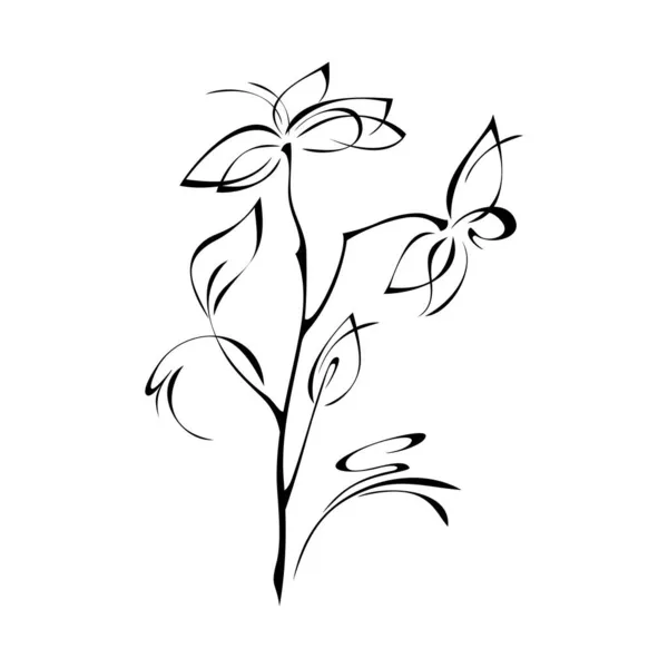 One Stylized Flower Stem Leaf Black Lines White Background — Stock Vector