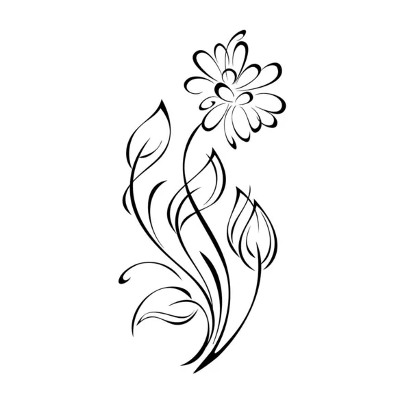 白い背景に黒い線の葉を持つ湾曲した茎に装飾的な花を咲かせます — ストックベクタ