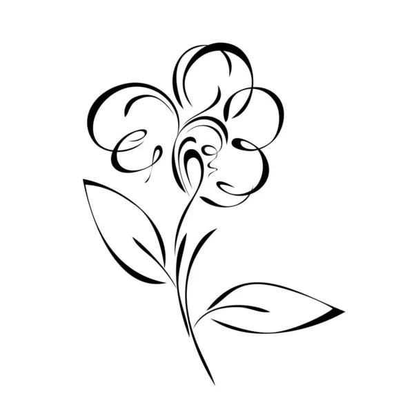 One Stylized Flower Stem Leaves Black Lines White Background — Stock Vector