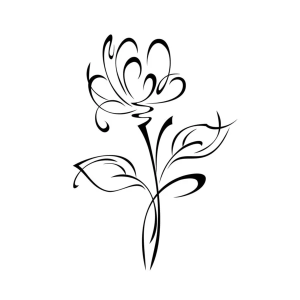 Jeden Unikalny Stylizowany Kwiat Łodydze Dwoma Liśćmi Czarnych Liniach Białym — Wektor stockowy