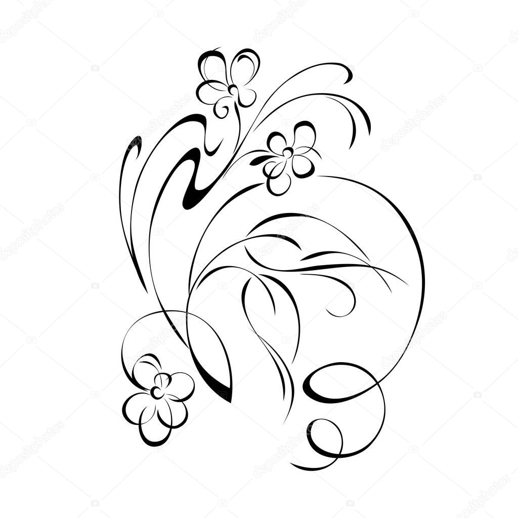decorative twig with small flowers, leaves and curls. graphic decor