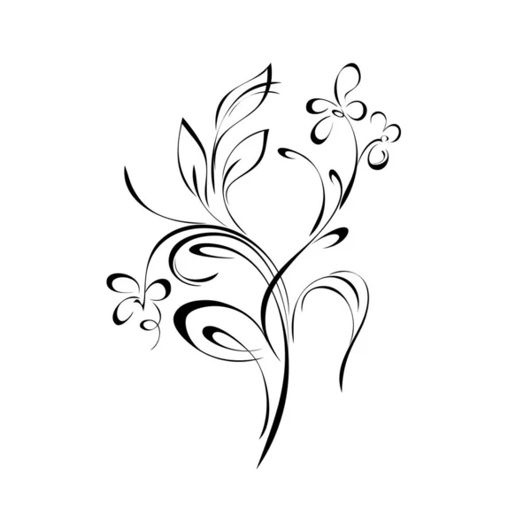 Stylized Elegant Branch Flowers Leaves Black Lines White Background — Stock Vector
