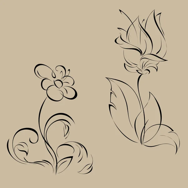 Two Stylized Flowers Stems Leaves Black Lines Beige Background — Stock Vector