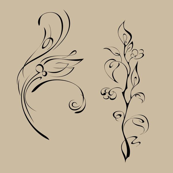 two stylized flowers on the stems with leaves in black lines on a beige background