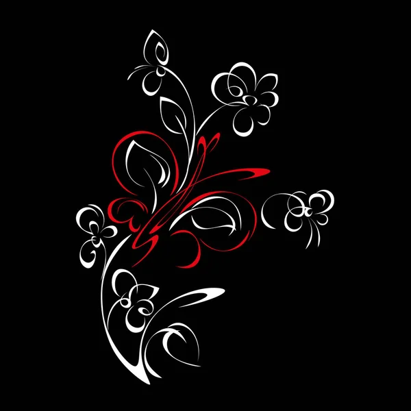 Stylized Sprig Flowers Red Butterfly Black Background — Stock Vector