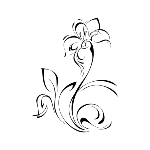 Stilisierte Blume Auf Stiel Mit Blatt Schwarzen Linien Auf Weißem — Stockvektor