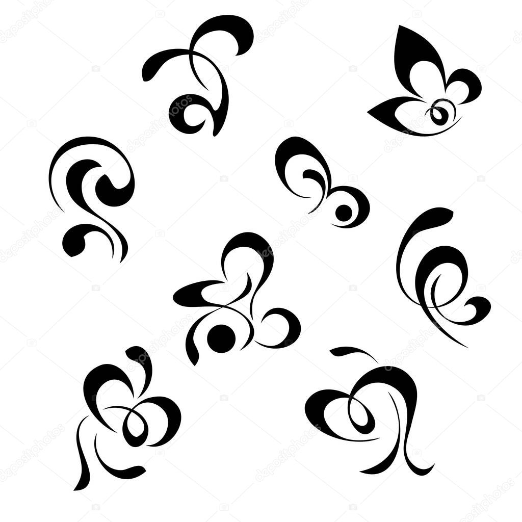 decorative abstract elements in the form of curls in black lines on a white background