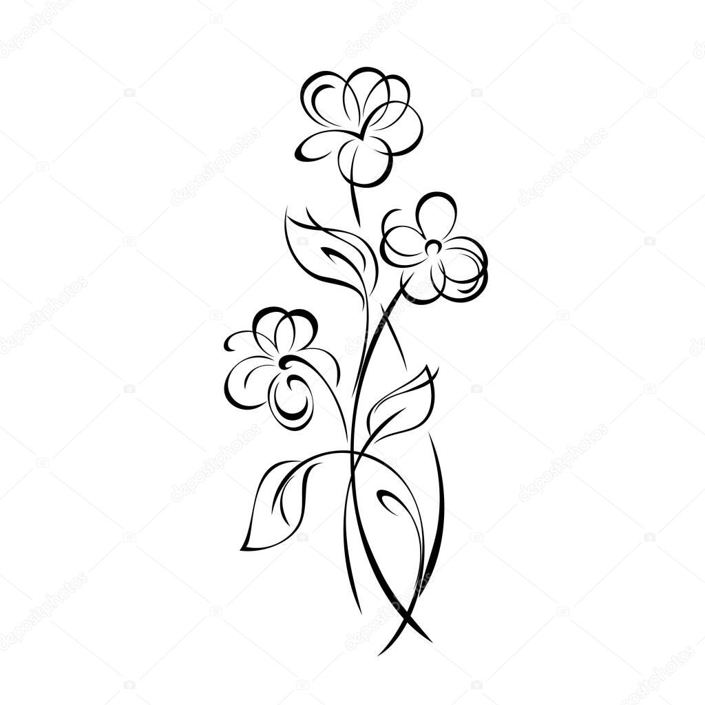 three stylized blossoming flowers on stems with leaves. graphic decor