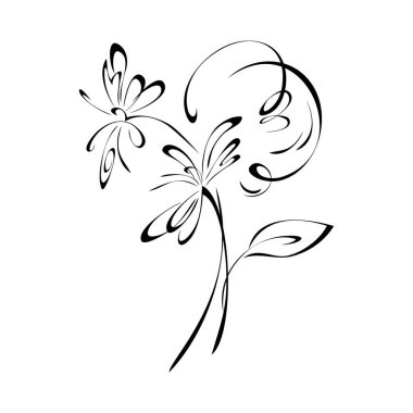 two decorative flowers on stems with one leaf and curl