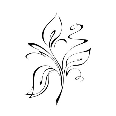 stylized twig with three leaves and curls in black lines on a white background