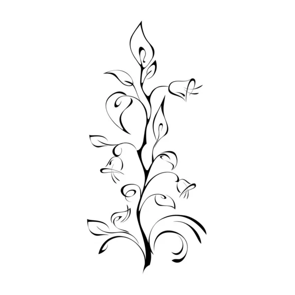 Декоративна Гілка Дзвонами Листям Завитками Чорних Лініях Білому Фоні — стоковий вектор