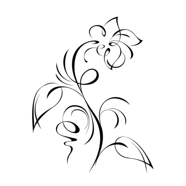 Stilisierte Blume Auf Stiel Mit Blättern Und Locken Schwarzen Linien — Stockvektor