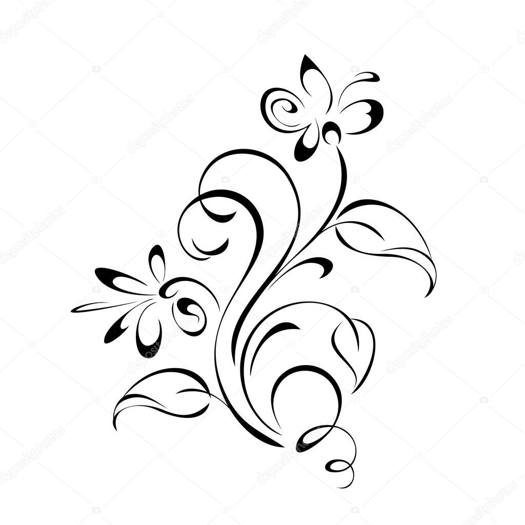 floral design with blooming flowers on stems with leaves and curls. graphic decor