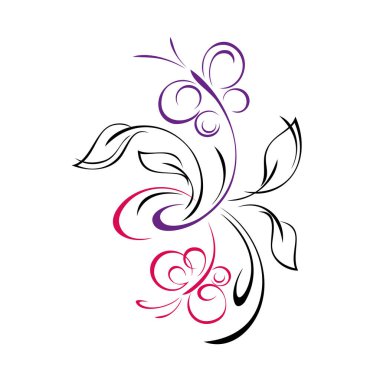 Şekil verilmiş kelebekleri, yaprakları ve girdapları olan dekoratif bir element. grafik dekor