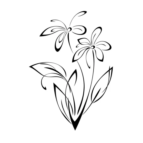 Zwei Stilisierte Blüten Stielen Mit Blättern Und Locken Grafisches Dekor — Stockvektor