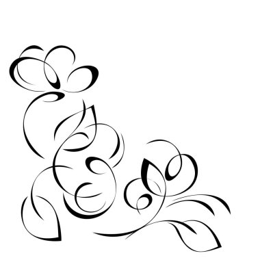 Beyaz arkaplanda siyah çizgilerle şekillendirilmiş yapraklar, çiçekler ve bukleler.