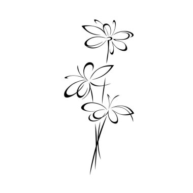 Çiçek açan üç buket stilize çiçek. grafik dekor