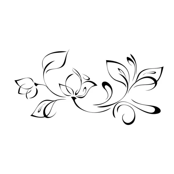 Rameau Stylisé Avec Deux Boutons Floraux Feuilles Boucles Lignes Noires — Image vectorielle