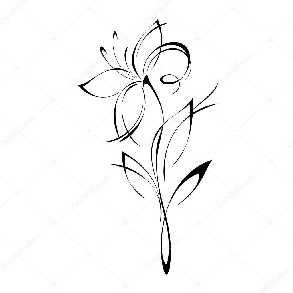stylized flower on stem with leaf in black lines on white background