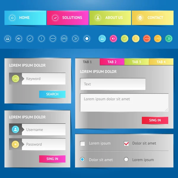 Web öğeleri. site gezinti menüsünde, web şablonu ve simgeler.