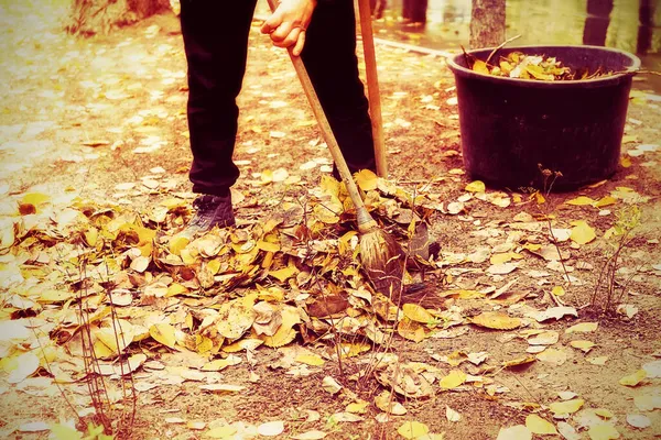 Homem Está Limpando Folhas Outono Paisagem Outono — Fotografia de Stock