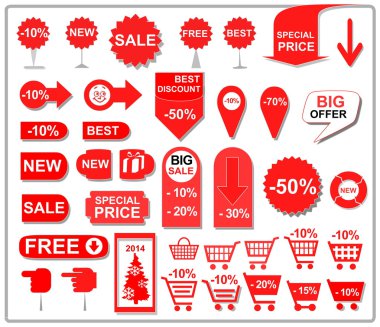  red price tags, labels, stickers, arrows and ribbons