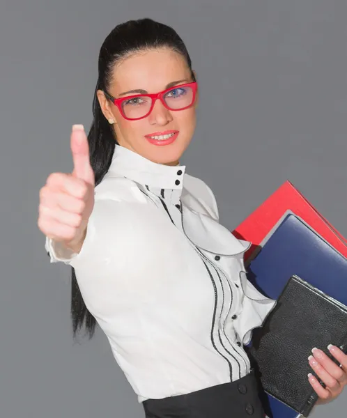 Smiling business woman thumb up show — Stock Photo, Image
