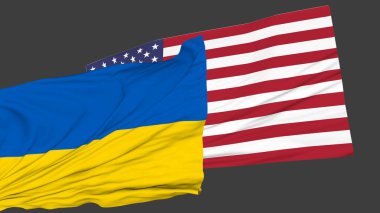 ABD ve Ukrayna bayrakları. Ülkeler arası ilişkiler. Politika ve diplomasi. 3d simülasyonu.