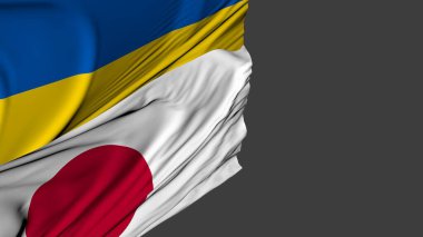 Japonya ve Ukrayna bayrakları. Üç boyutlu simülasyon. Ülkelerin dostluğu. Siyaset ve diplomasi.