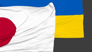 Japonya ve Ukrayna bayrakları. Üç boyutlu simülasyon. Ülkelerin dostluğu. Siyaset ve diplomasi.