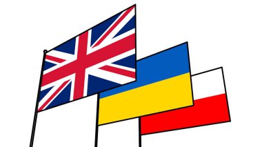 Ukrayna bayrakları, Polonya, İngiltere bayrak direğinde. Ülkelerin dostluğu.