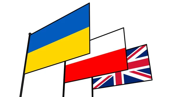 Flaggen Der Ukraine Polens Großbritanniens Einem Fahnenmast Länderfreundschaft — Stockfoto