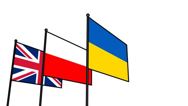 Σημαίες Της Ουκρανίας Της Πολωνίας Της Μεγάλης Βρετανίας Ένα Κοντάρι — Φωτογραφία Αρχείου