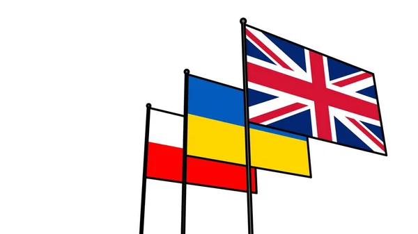 ウクライナ ポーランド 旗竿にイギリスの旗 国の友好 — ストック写真